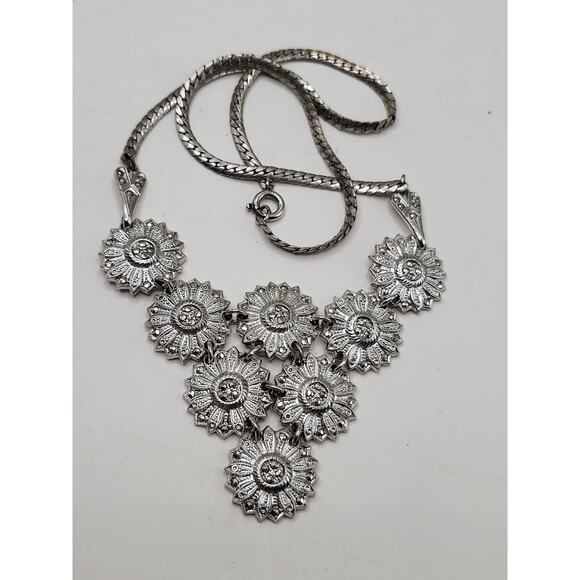 Vintage Floral Necklace Marked Sterling with Marcasite Accents 17 Inch - Picture 2 of 10